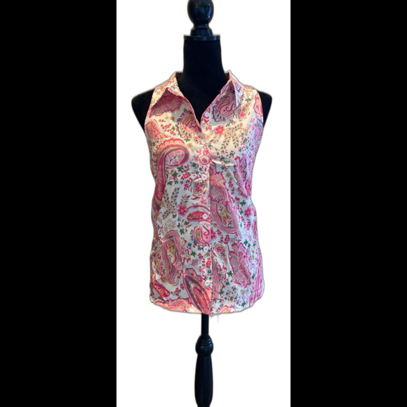 XL Blouse Pink Paisley Button Down Sleeveless Lightweight Collared Summer Top - Picture 2 of 8